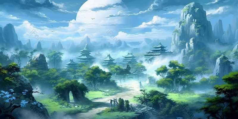 古风山水场景天空下青山绿水云雾环绕古风建筑山峰树木自然景观背景插画,插画/手绘图,插画/手绘图库,插画/手绘图下载,插画/手绘